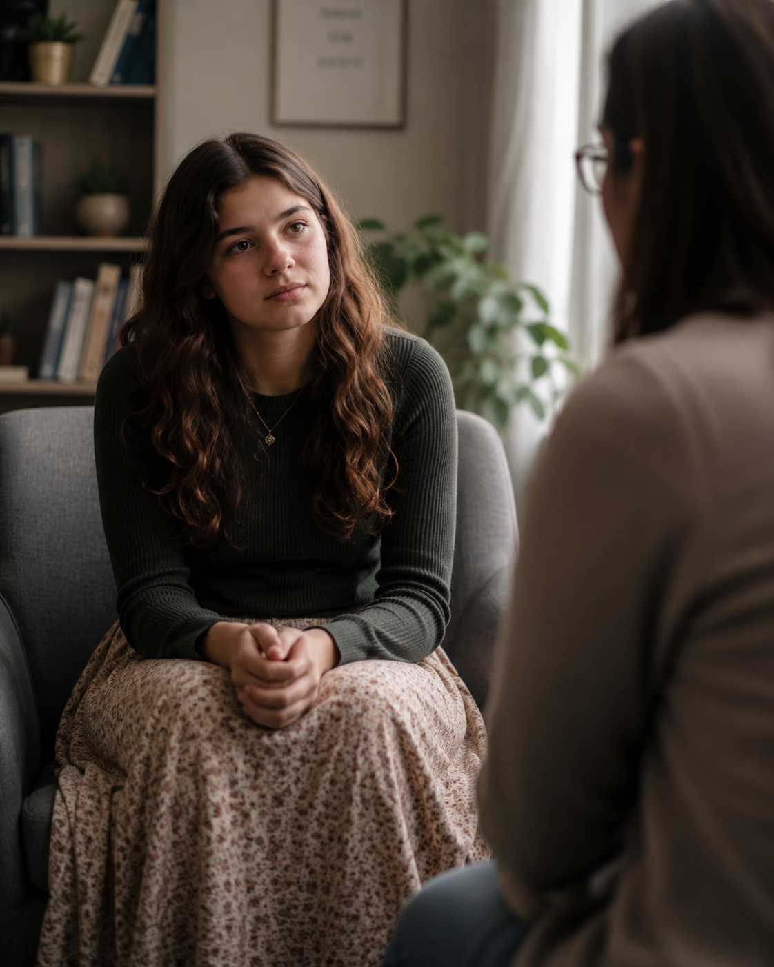 A young woman sitting in a warm counseling room, calm and attentive